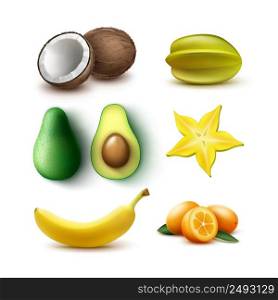 Vector set of whole and half cut tropical fruits avocado, banana, coconut, carambola, starfruit, kumquat isolated on white background. Set of tropical fruits