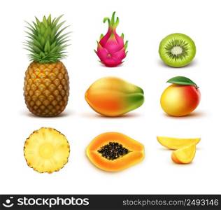 Vector set of whole and half cut tropical fruits pineapple, kiwi, mango, papaya, dragonfruit isolated on white background. Set of tropical fruits
