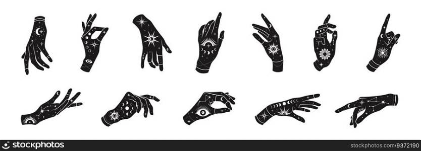 Vector set of woman hands with mystical magic symbols-eyes, sun, phrases of moon, stars, jewels. Spiritual occultism objects, templates for logo design.