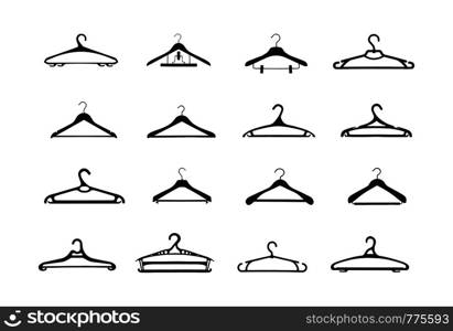 Vector set of wooden and plastic clothes hangers, flat design.