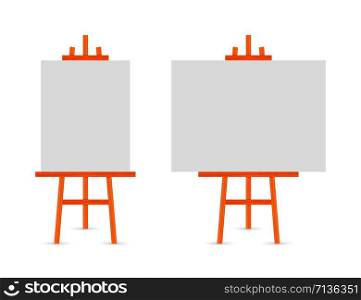 Vector Set of Wooden Brown White Sienna Easels with Mock Up Empty Blank Square Canvases Isolated on Background. Vector Set of Wooden Brown White Sienna Easels with Mock Up Empty Blank Square Canvases Isolated on Background.