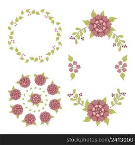Vector set of wreaths with flowers, herbs, leaves, branches and flowering plants. Isolated on white background. Floral illustration for creating invitations, greeting cards, design and decor