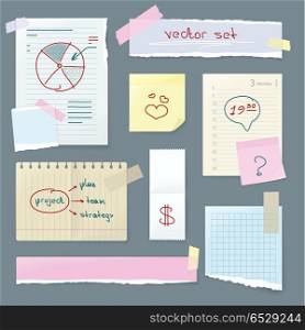 Vector Set Office Paper. Folded Pages with Charts. Vector set of office paper. Folded paper with charts, grunge old paper with heart, ragged sheets of paper, blank squared and lined notepad pages. Paper from note book. Illustration in flat style design