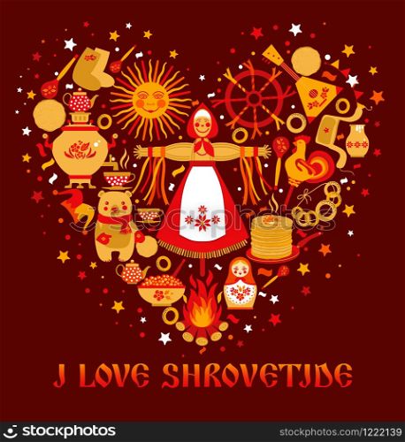 Vector set on the theme of the Russian holiday Carnival.. Vector set on the theme of the Russian holiday Carnival. Russian translation I love Shrovetide or Maslenitsa.