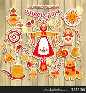 Vector set on the theme of the Russian holiday Carnival.. Vector sticker set on the theme of the Russian holiday Carnival.