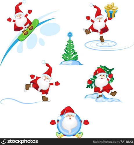 Vector set Santa Claus goes in for winter sports. Transparent background