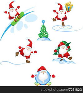 Vector set Santa Claus goes in for winter sports. Transparent background