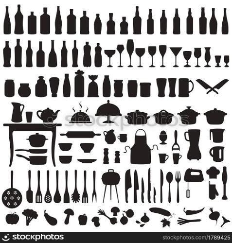 vector set silhouettes of kitchen tools, cooking icons