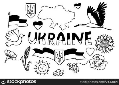 Vector set Ukrainian symbol. Flag and sunflower, stork and dove, spikelet of grain and poppy, map of Ukraine. Vector illustration. Hand drawn linear doodle for ukrainian theme design and decoration