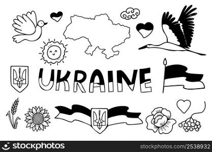 Vector set Ukrainian symbol. Flag and sunflower, stork and dove, spikelet of grain and poppy, map of Ukraine. Vector illustration. Hand drawn linear doodle for ukrainian theme design and decoration