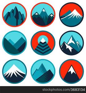 Vector set with abstract logos and icons - mountains and summits in blue color