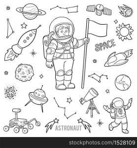 Vector set with astronaut and space objects. Cartoon black and white items