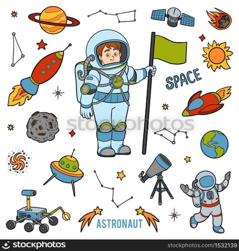 Vector set with astronaut and space objects. Cartoon colorful items