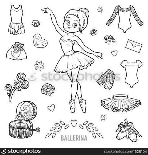 Vector set with ballerina and dancing objects. Cartoon black and white items