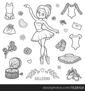Vector set with ballerina and dancing objects. Cartoon black and white items