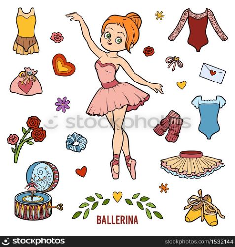 Vector set with ballerina and dancing objects. Cartoon colorful items