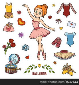 Vector set with ballerina and dancing objects. Cartoon colorful items
