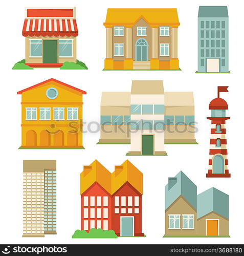 Vector set with buildings icons - map elements in retro style