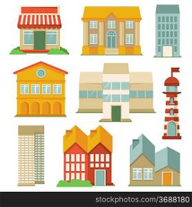 Vector set with buildings icons - map elements in retro style