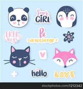 Vector set with cartoon animals - panda, penguin, cat, fox. Adorable animals and inscriptions. Bright stickers collection. Cute Patches, pins, badges. Vector set with cartoon animals - panda, penguin, cat, fox.
