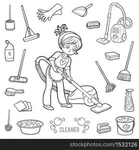 Vector set with girl and objects for cleaning. Cartoon black and white items