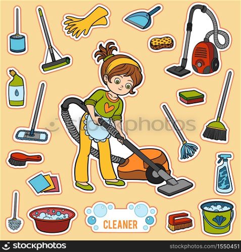 Vector set with girl and objects for cleaning. Cartoon colorful items