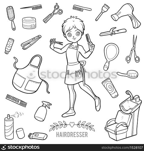 Vector set with hairdresser and objects for hair cutting. Cartoon black and white items