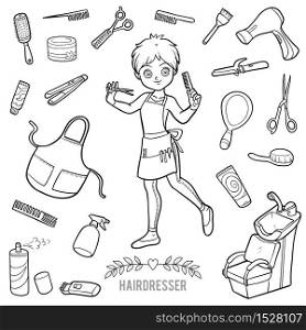 Vector set with hairdresser and objects for hair cutting. Cartoon black and white items