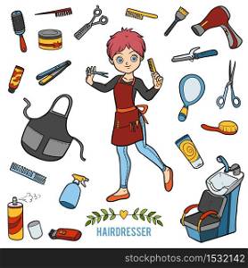 Vector set with hairdresser and objects for hair cutting. Cartoon colorful items