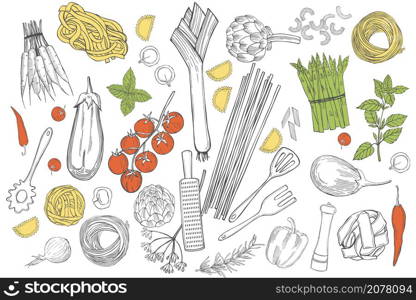 Vector set with hand drawn pasta and vegetables on white background. Italian food. Sketch illustration.. Vector set with pasta and vegetables