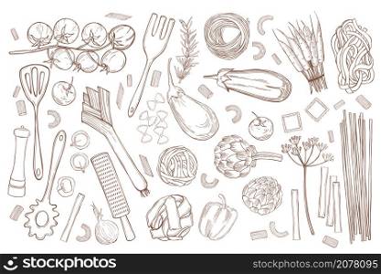 Vector set with hand drawn pasta and vegetables on white background. Italian food. Sketch illustration.. Vector set with pasta and vegetables