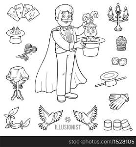 Vector set with magician and objects for magic tricks. Cartoon black and white items