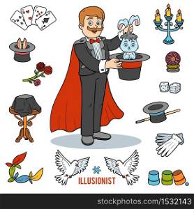 Vector set with magician and objects for magic tricks. Cartoon colorful items