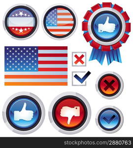 Vector set with voting and election design elements - american flag and likes