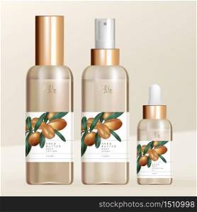 Vector Shea Butter Body Lotion, Spray & Essential Oil with Screw Cap, Spray & Pipette Bottle Packaging. Minimal Shea Butter Nuts Illustration Print.