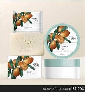 Vector Shea Butter Body Scrub and Hand or Facial Cleansing Soap & Body Butter Jar Packaging with Minimal Shea Butter Nuts Illustration Print.