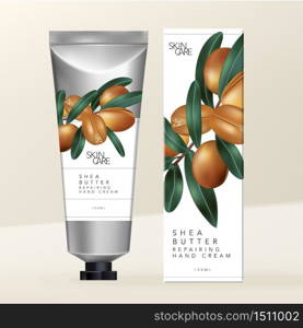 Vector Shea Butter Hand Cream Silver Metallic Tube with Shea Butter Carton Box Packaging.