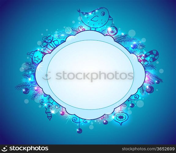 Vector shining blue Christmas background with decorations and gifts