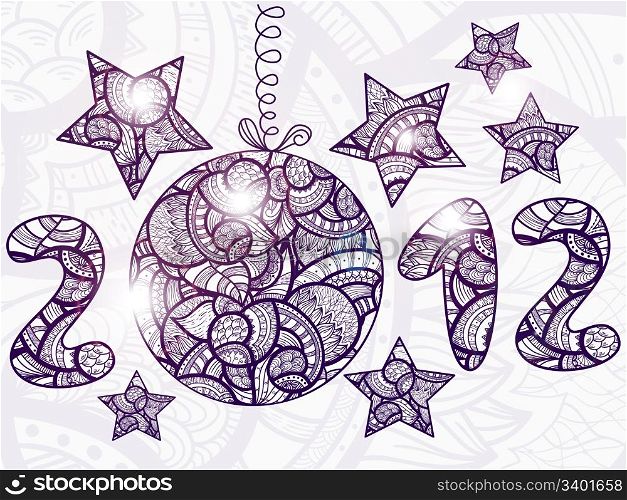 vector shiny 2012 with christmas ball and stars around, doodle, ethnic style, hand drawn