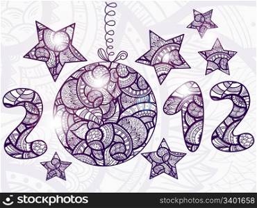 vector shiny 2012 with christmas ball and stars around, doodle, ethnic style, hand drawn