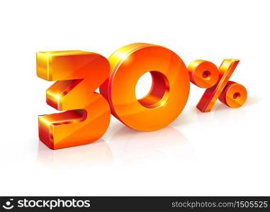 Vector shiny Orange Red 3d sign 30% thirty percent. suitable for use on advertising banners, flyers any promotional items. Seasonal discounts, Black Friday, the interest rate, etc. Discount thirty percent. Isometric style