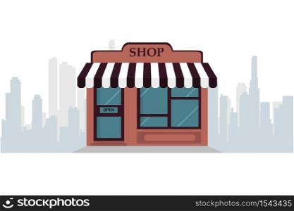 Vector shop or market store front exterior facade, vector illustration on sity space background.