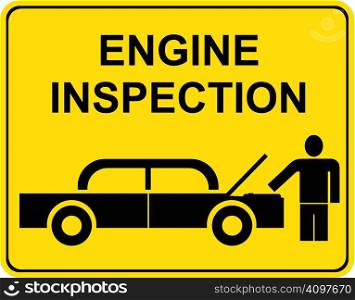 Vector sign - engine inspection. The man stands next to the car. Car&acute;s hood is open.