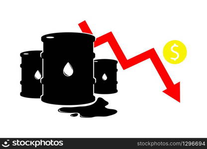 Vector sign of oil. Statistics dollar down, global financial crisis. Black symbol petroleum isolated on white background. Barrel silhouette and spot liguid. Industry of exploration, illustration. Vector sign of oil. Statistics dollar down, global financial crisis. Black symbol petroleum isolated on white background. Barrel silhouette and spot liguid. Industry of exploration, illustration.