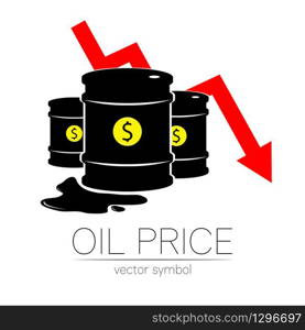 Vector sign of oil. Statistics dollar down, global financial crisis. Black symbol petroleum isolated on white background. Barrel silhouette and spot liguid. Industry of exploration, illustration. Vector sign of oil. Statistics dollar down, global financial crisis. Black symbol petroleum isolated on white background. Barrel silhouette and spot liguid. Industry of exploration, illustration.