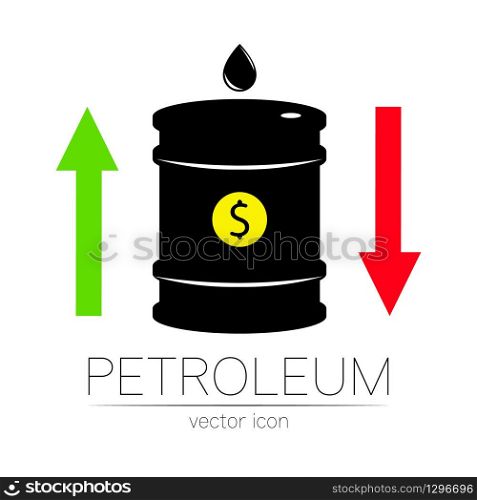 Vector sign of oil. Statistics dollar up and down, global financial crisis. Black symbol petroleum isolated on white background. Barrel silhouette and spot liguid. Industry of exploration.. Vector sign of oil. Statistics dollar up and down, global financial crisis. Black symbol petroleum isolated on white background. Barrel silhouette and spot liguid. Industry of exploration