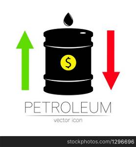 Vector sign of oil. Statistics dollar up and down, global financial crisis. Black symbol petroleum isolated on white background. Barrel silhouette and spot liguid. Industry of exploration.. Vector sign of oil. Statistics dollar up and down, global financial crisis. Black symbol petroleum isolated on white background. Barrel silhouette and spot liguid. Industry of exploration
