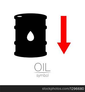 Vector sign of oil. Statistics down, global financial crisis. Black symbol petroleum isolated on white background. Barrel silhouette and spot liguid. Industry of exploration, illustration. Vector sign of oil. Statistics down, global financial crisis. Black symbol petroleum isolated on white background. Barrel silhouette and spot liguid. Industry of exploration, illustration.