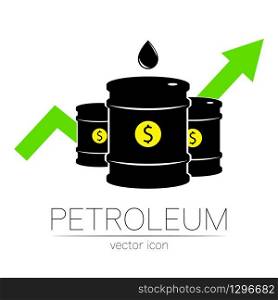 Vector sign of oil. Statistics UP. Black symbol petroleum isolated on white background. Barrel silhouette and spot liguid. Industry of exploration, illustration. Vector sign of oil. Statistics UP. Black symbol petroleum isolated on white background. Barrel silhouette and spot liguid. Industry of exploration, illustration.