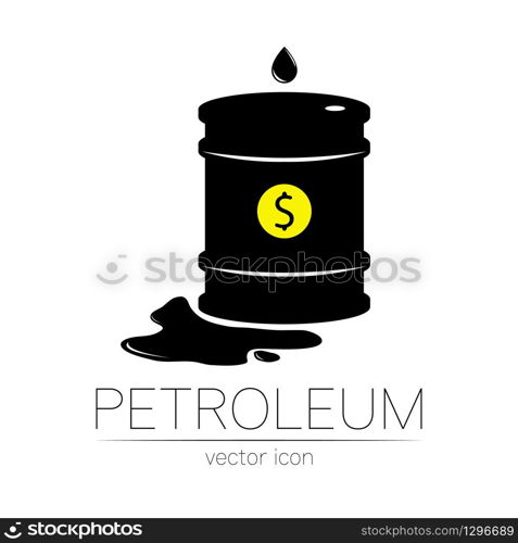 Vector sign of oil with dollar money. Black symbol petroleum isolated on white background. Barrel silhouette and spot liguid. Industry of exploration, illustration. Petrochemical and market. Vector sign of oil with dollar money. Black symbol petroleum isolated on white background. Barrel silhouette and spot liguid. Industry of exploration, illustration. Petrochemical and market.